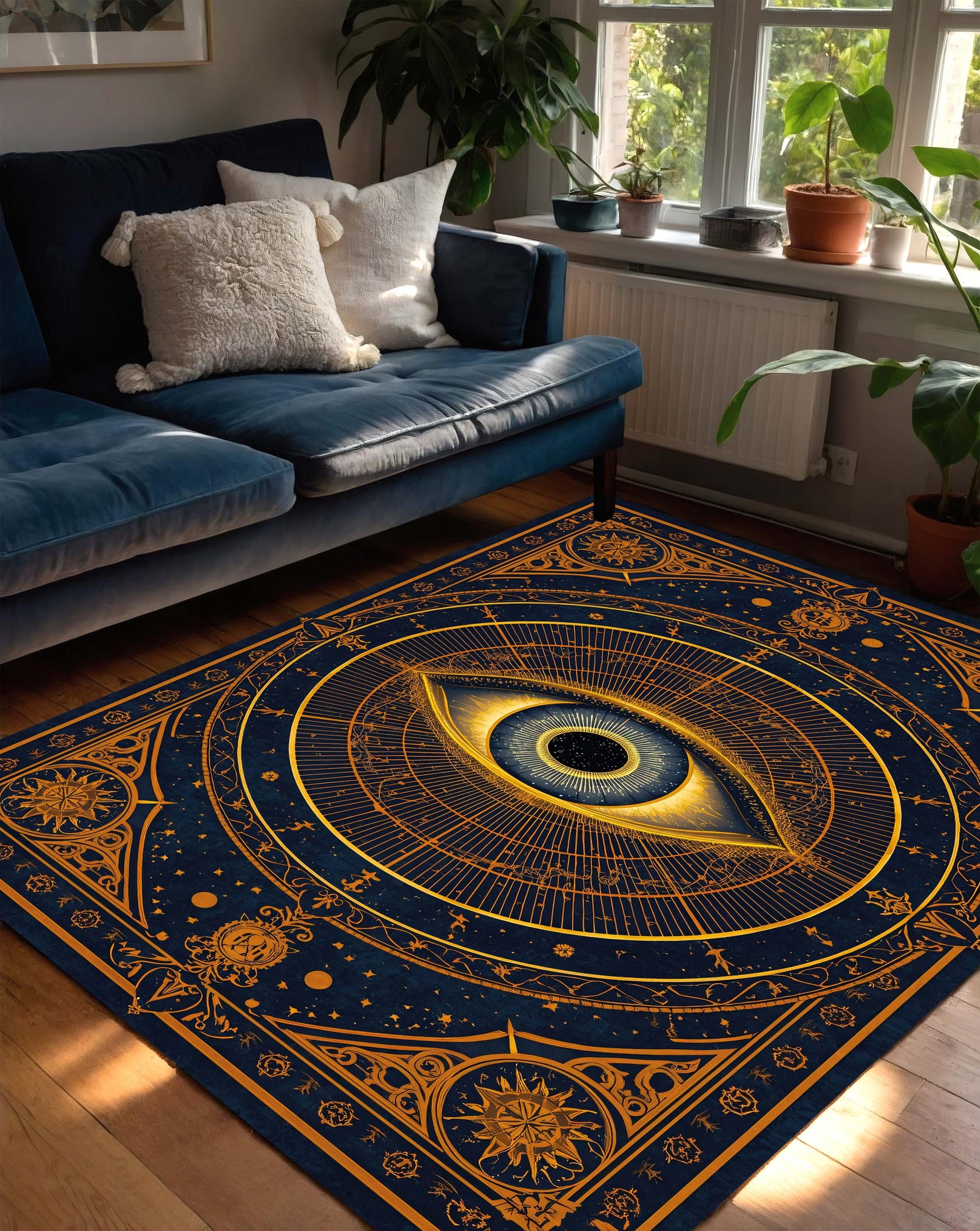 All Seeing Eye Rug, Mystical Celestial Area Carpet in Navy Gold, Occult Boho Witchy Decor, Esoteric Astrology Living Room Bedroom Mat