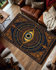 All Seeing Eye Rug, Mystical Celestial Area Carpet in Navy Gold, Occult Boho Witchy Decor, Esoteric Astrology Living Room Bedroom Mat