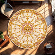 Round Vintage Floral Mandala Rug, Art Nouveau Medallion Carpet in Warm Gold Rose Tones, Boho Bedroom Living Room Accent, Non Slip Washable