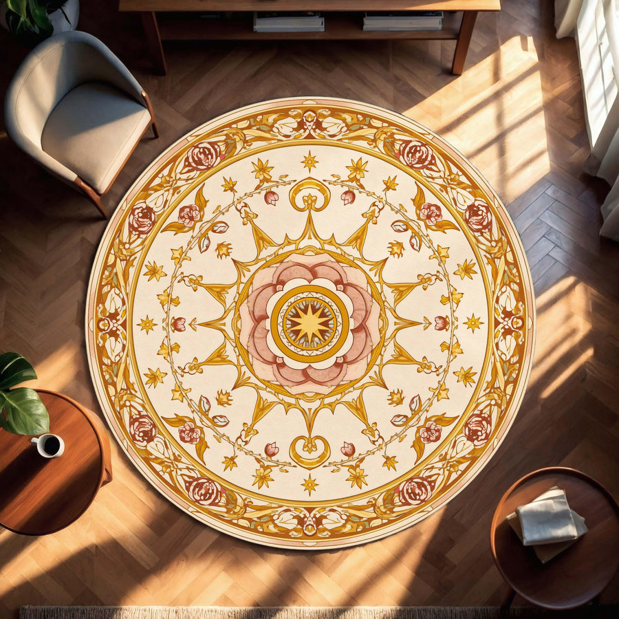 Round Vintage Floral Mandala Rug, Art Nouveau Medallion Carpet in Warm Gold Rose Tones, Boho Bedroom Living Room Accent, Non Slip Washable