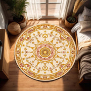 Round Vintage Floral Mandala Rug, Art Nouveau Medallion Carpet in Warm Gold Rose Tones, Boho Bedroom Living Room Accent, Non Slip Washable
