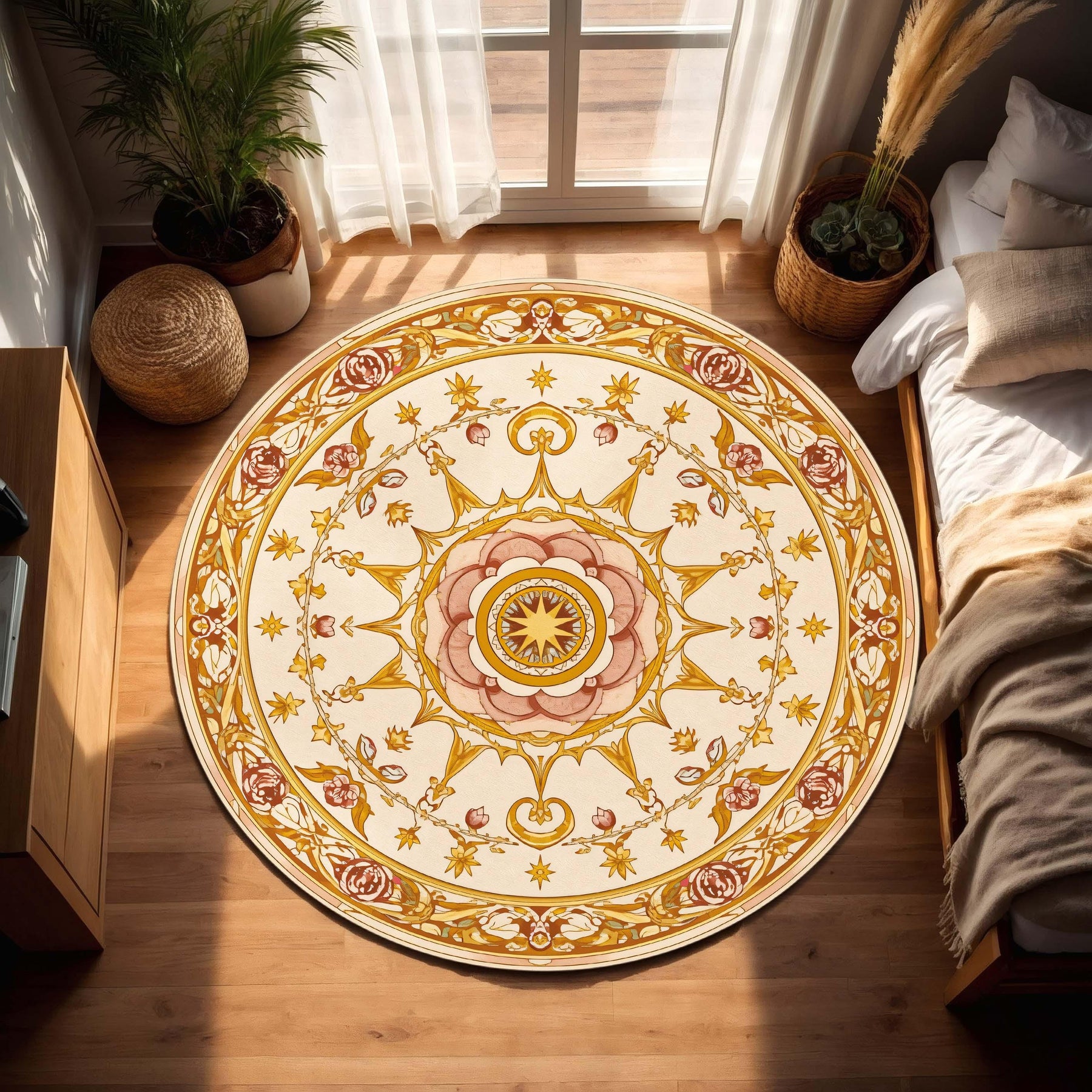 Round Vintage Floral Mandala Rug, Art Nouveau Medallion Carpet in Warm Gold Rose Tones, Boho Bedroom Living Room Accent, Non Slip Washable