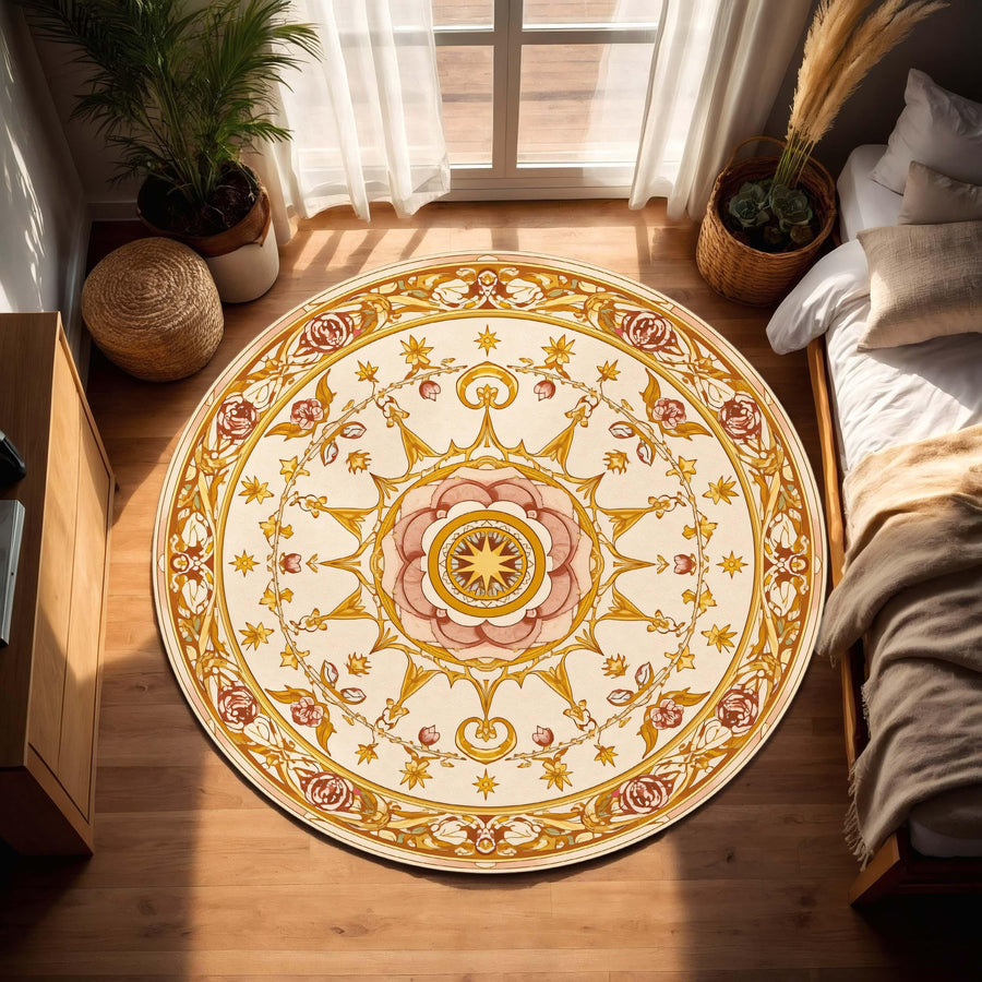 Round Vintage Floral Mandala Rug, Art Nouveau Medallion Carpet in Warm Gold Rose Tones, Boho Bedroom Living Room Accent, Non Slip Washable