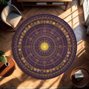 Astrology Round Rug Purple Gold Zodiac Circle, Celestial Sun Moon Phases Boho Area Carpet for Living Room Bedroom Meditation Nook Decor