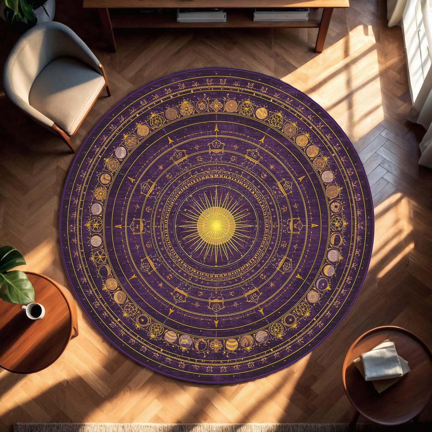 Astrology Round Rug Purple Gold Zodiac Circle, Celestial Sun Moon Phases Boho Area Carpet for Living Room Bedroom Meditation Nook Decor
