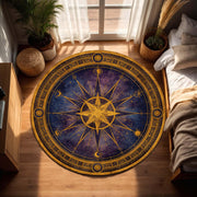 Celestial Compass Rose Round Rug – Zodiac Star Map Circle Carpet in Navy and Gold, Mystic Boho Astrology Decor for Living Room Bedroom