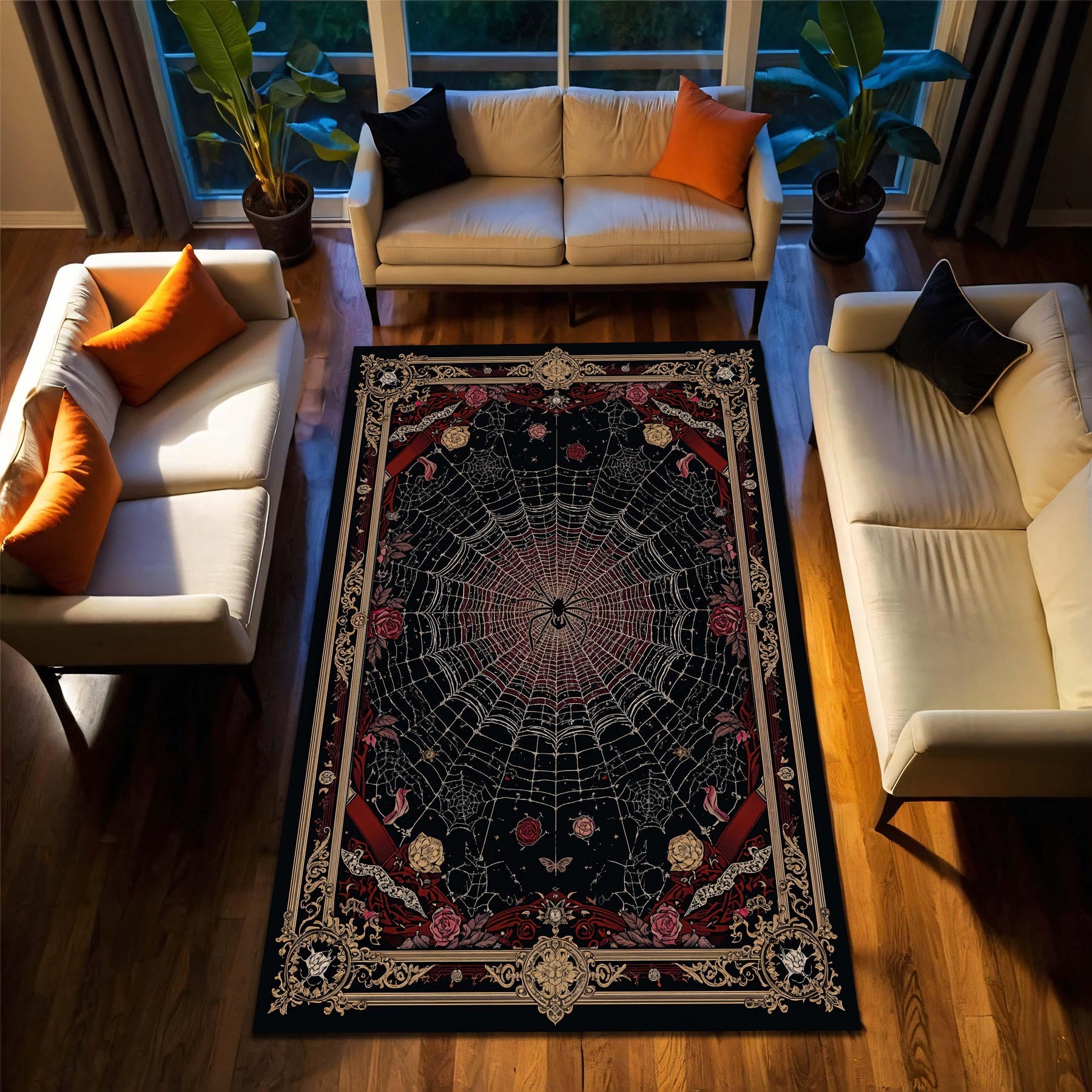 Gothic Spider Web Area Rug with Roses & Ornate Borders, Dark Vintage Boho Witchy Decor, Black Red Living Room Bedroom Aesthetic Carpet