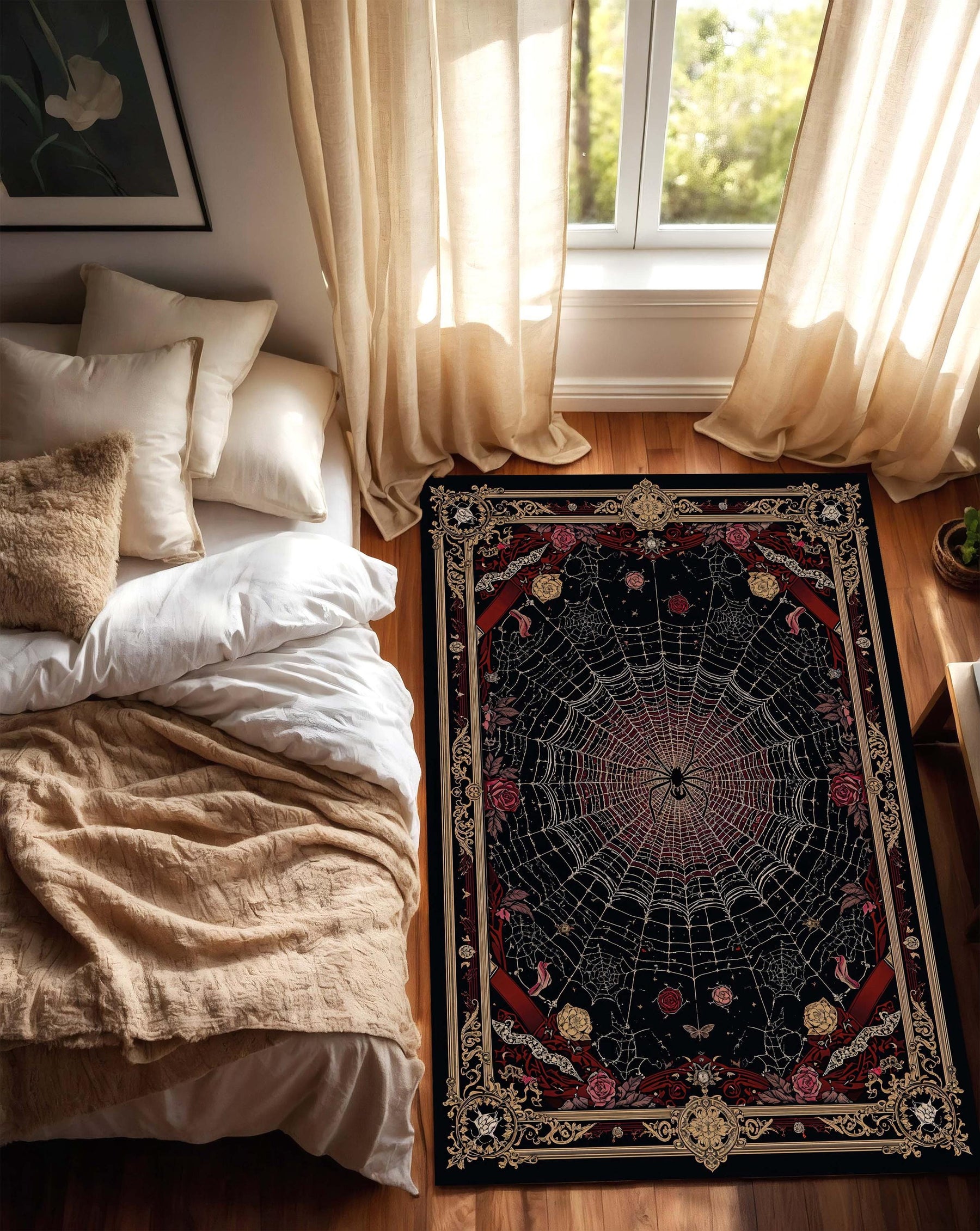 Gothic Spider Web Area Rug with Roses & Ornate Borders, Dark Vintage Boho Witchy Decor, Black Red Living Room Bedroom Aesthetic Carpet