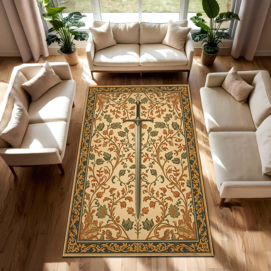 Medieval Sword Floral Area Rug, William Morris Inspired Vintage Tapestry Carpet, Boho Cottagecore Living Room Bedroom Decor, Cream Sage Gold