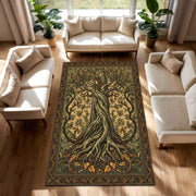 Tree of Life Area Rug – Botanical Art Nouveau Carpet, Celtic Boho Living Room Decor, Green Gold Vintage Style Nature Inspired Floor Rug Gift