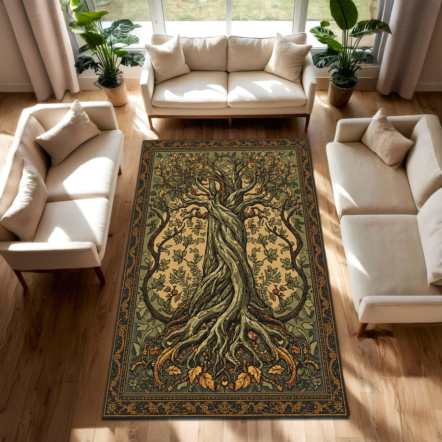 Tree of Life Area Rug – Botanical Art Nouveau Carpet, Celtic Boho Living Room Decor, Green Gold Vintage Style Nature Inspired Floor Rug Gift