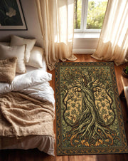 Tree of Life Area Rug – Botanical Art Nouveau Carpet, Celtic Boho Living Room Decor, Green Gold Vintage Style Nature Inspired Floor Rug Gift