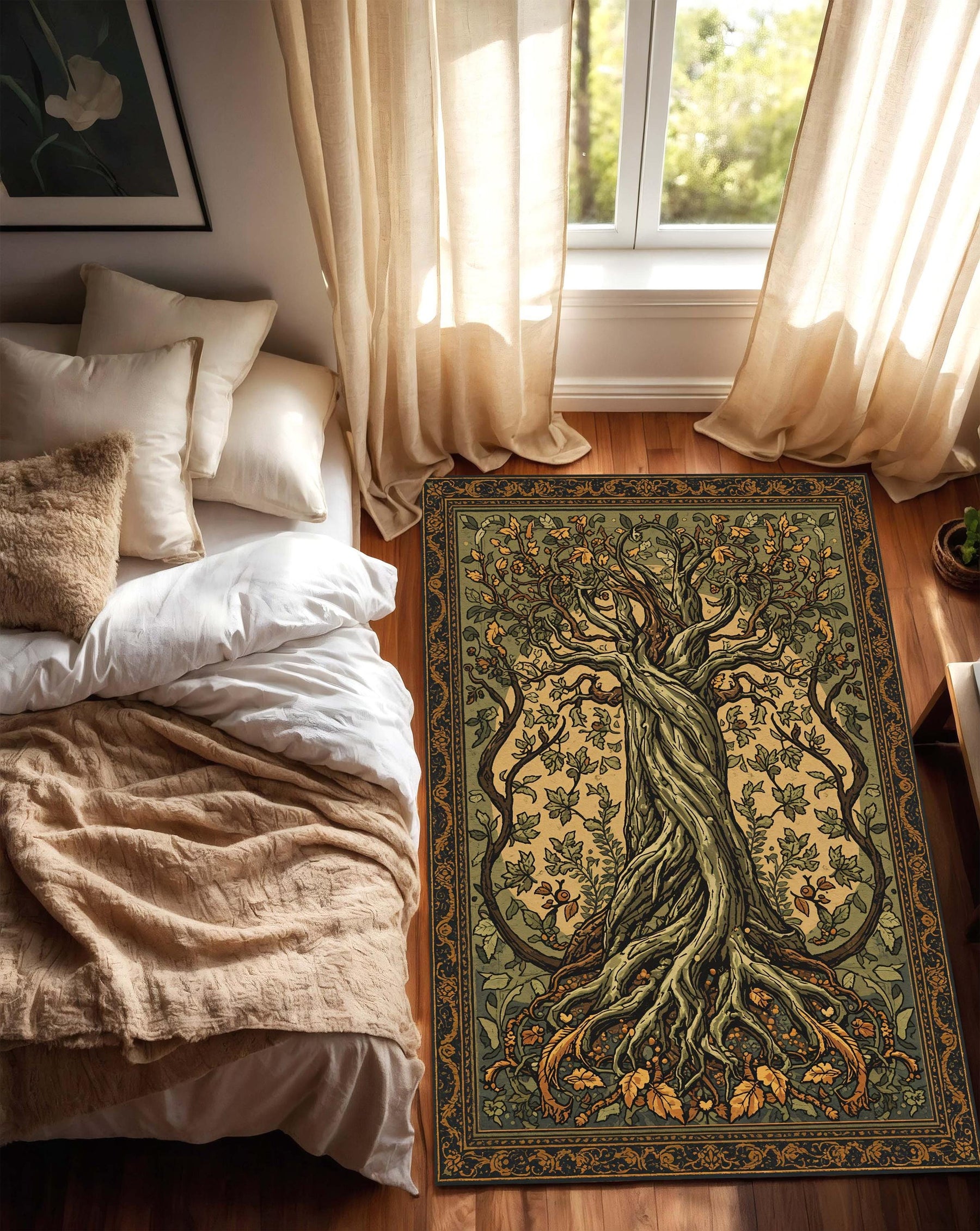 Tree of Life Area Rug – Botanical Art Nouveau Carpet, Celtic Boho Living Room Decor, Green Gold Vintage Style Nature Inspired Floor Rug Gift