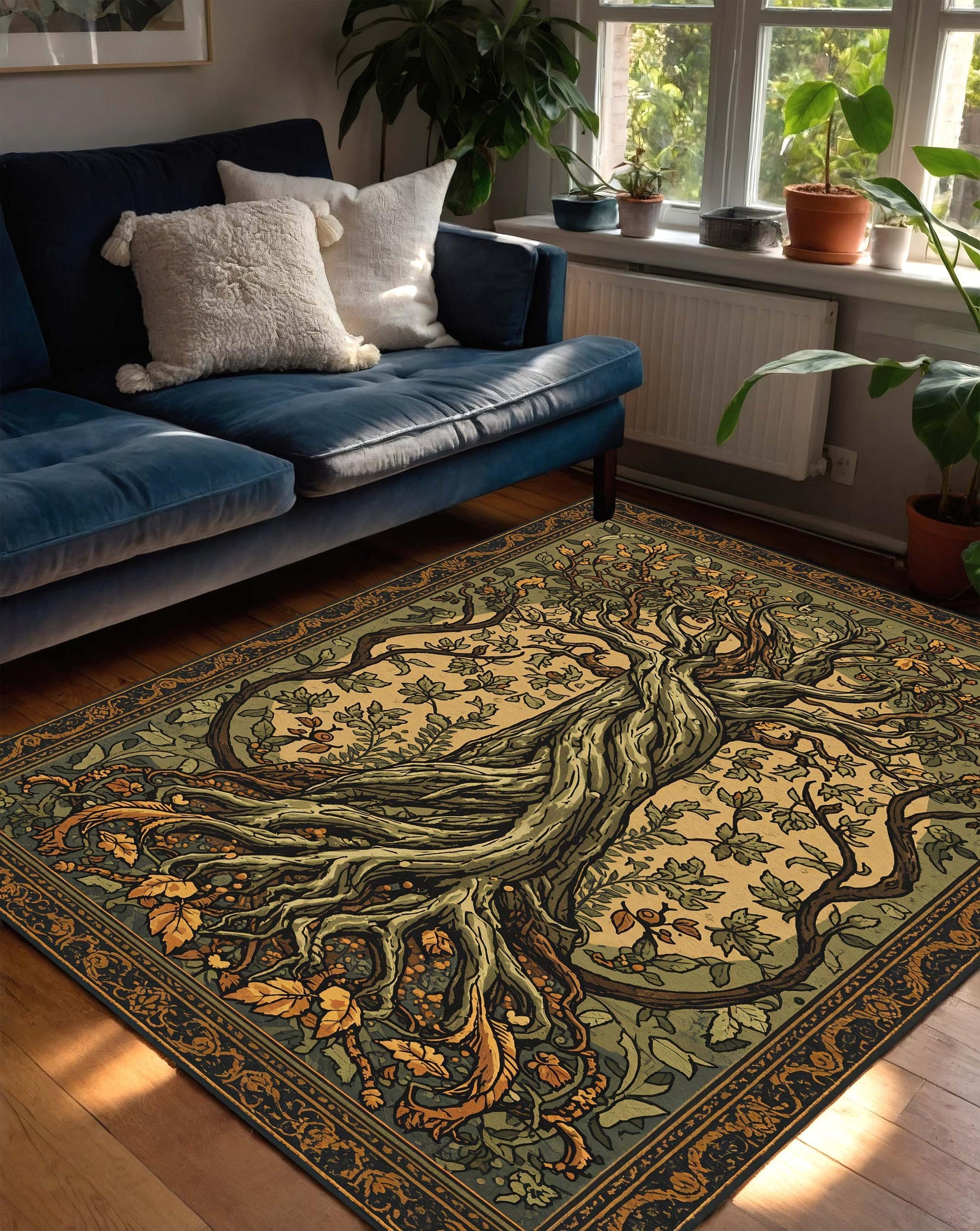 Tree of Life Area Rug – Botanical Art Nouveau Carpet, Celtic Boho Living Room Decor, Green Gold Vintage Style Nature Inspired Floor Rug Gift