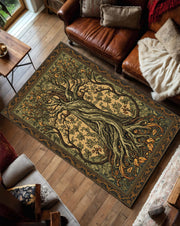 Tree of Life Area Rug – Botanical Art Nouveau Carpet, Celtic Boho Living Room Decor, Green Gold Vintage Style Nature Inspired Floor Rug Gift