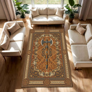 Fantasy Axe Rug, Viking Medieval Carpet with Dwarven Runes, Ornate Orange Vintage Style Area Rug for Living Room Gamer Den Cabin Decor