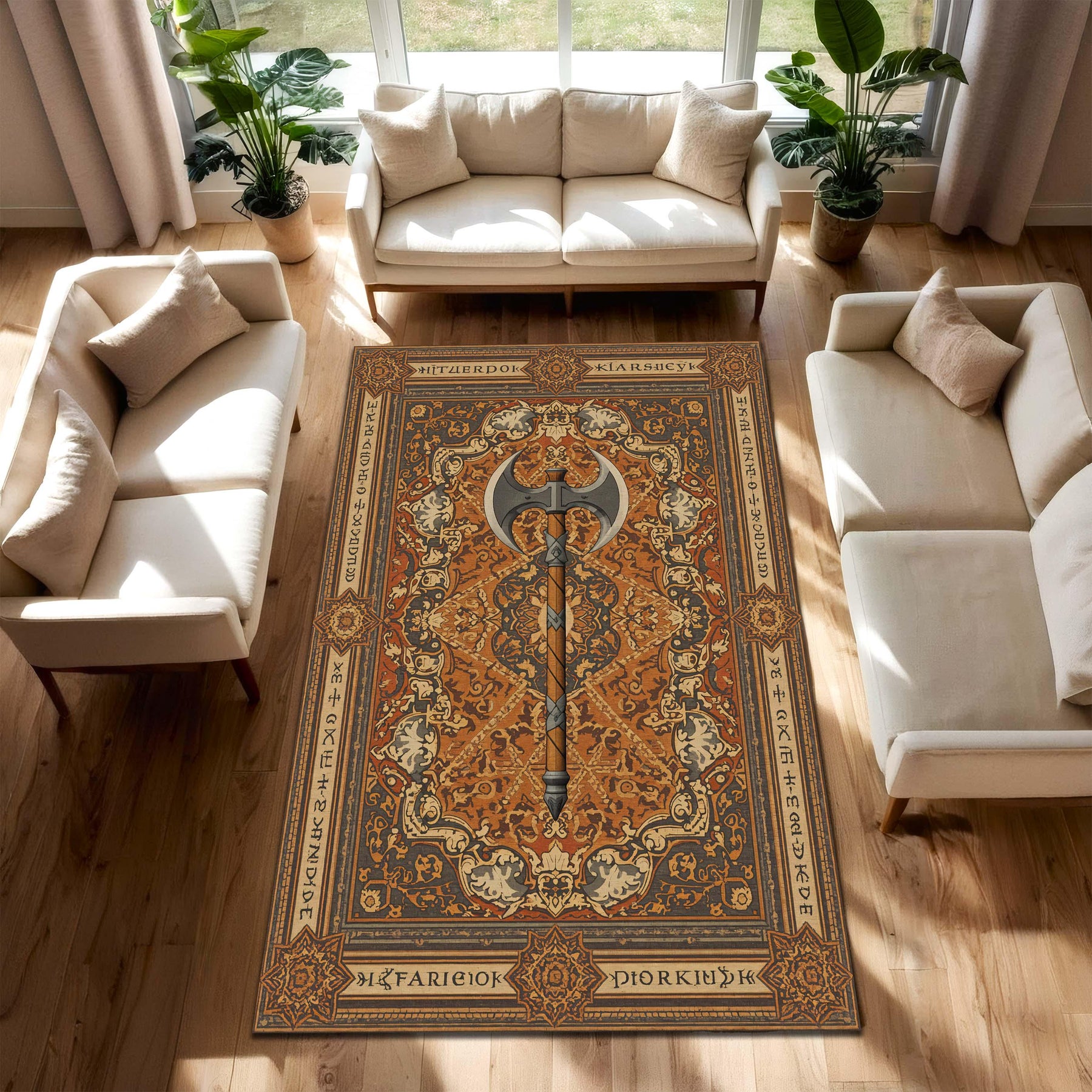 Fantasy Axe Rug, Viking Medieval Carpet with Dwarven Runes, Ornate Orange Vintage Style Area Rug for Living Room Gamer Den Cabin Decor