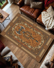Fantasy Axe Rug, Viking Medieval Carpet with Dwarven Runes, Ornate Orange Vintage Style Area Rug for Living Room Gamer Den Cabin Decor