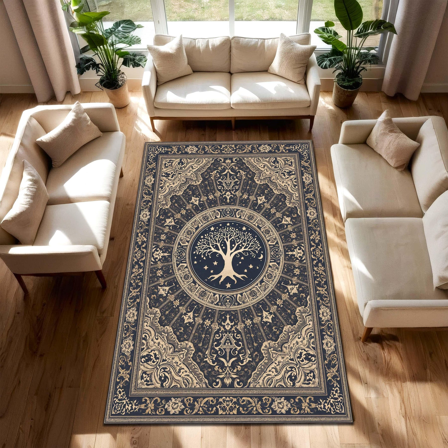 Tree of Life Navy Beige Area Rug, Vintage Boho Medallion Carpet, Ornate Mandala Design for Living Room Bedroom Farmhouse Decor, Medieval Rug