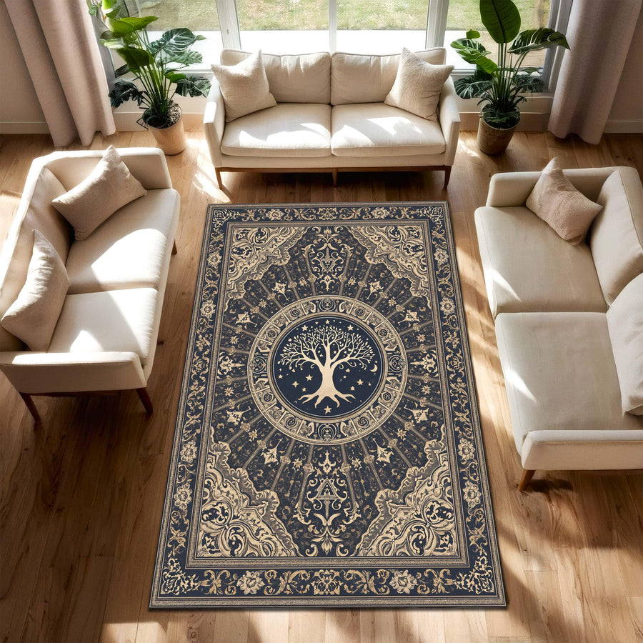 Tree of Life Navy Beige Area Rug, Vintage Boho Medallion Carpet, Ornate Mandala Design for Living Room Bedroom Farmhouse Decor, Medieval Rug