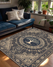 Tree of Life Navy Beige Area Rug, Vintage Boho Medallion Carpet, Ornate Mandala Design for Living Room Bedroom Farmhouse Decor, Medieval Rug