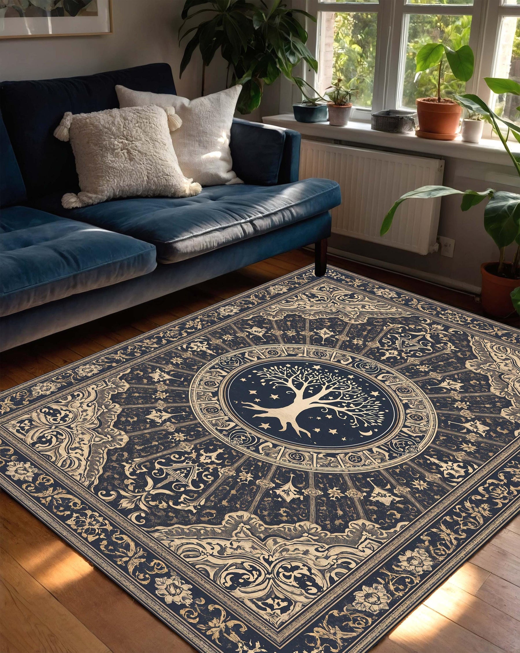Tree of Life Navy Beige Area Rug, Vintage Boho Medallion Carpet, Ornate Mandala Design for Living Room Bedroom Farmhouse Decor, Medieval Rug