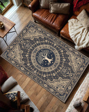 Tree of Life Navy Beige Area Rug, Vintage Boho Medallion Carpet, Ornate Mandala Design for Living Room Bedroom Farmhouse Decor, Medieval Rug