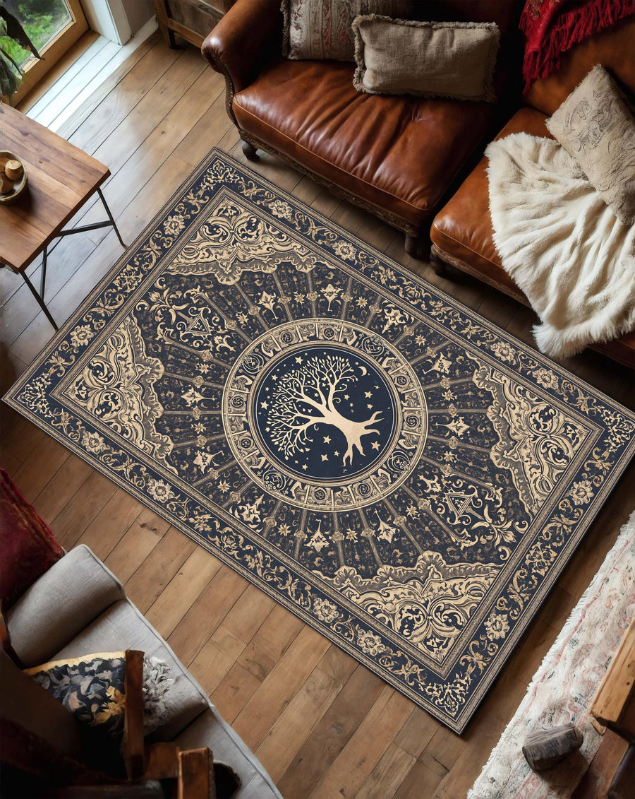 Tree of Life Navy Beige Area Rug, Vintage Boho Medallion Carpet, Ornate Mandala Design for Living Room Bedroom Farmhouse Decor, Medieval Rug