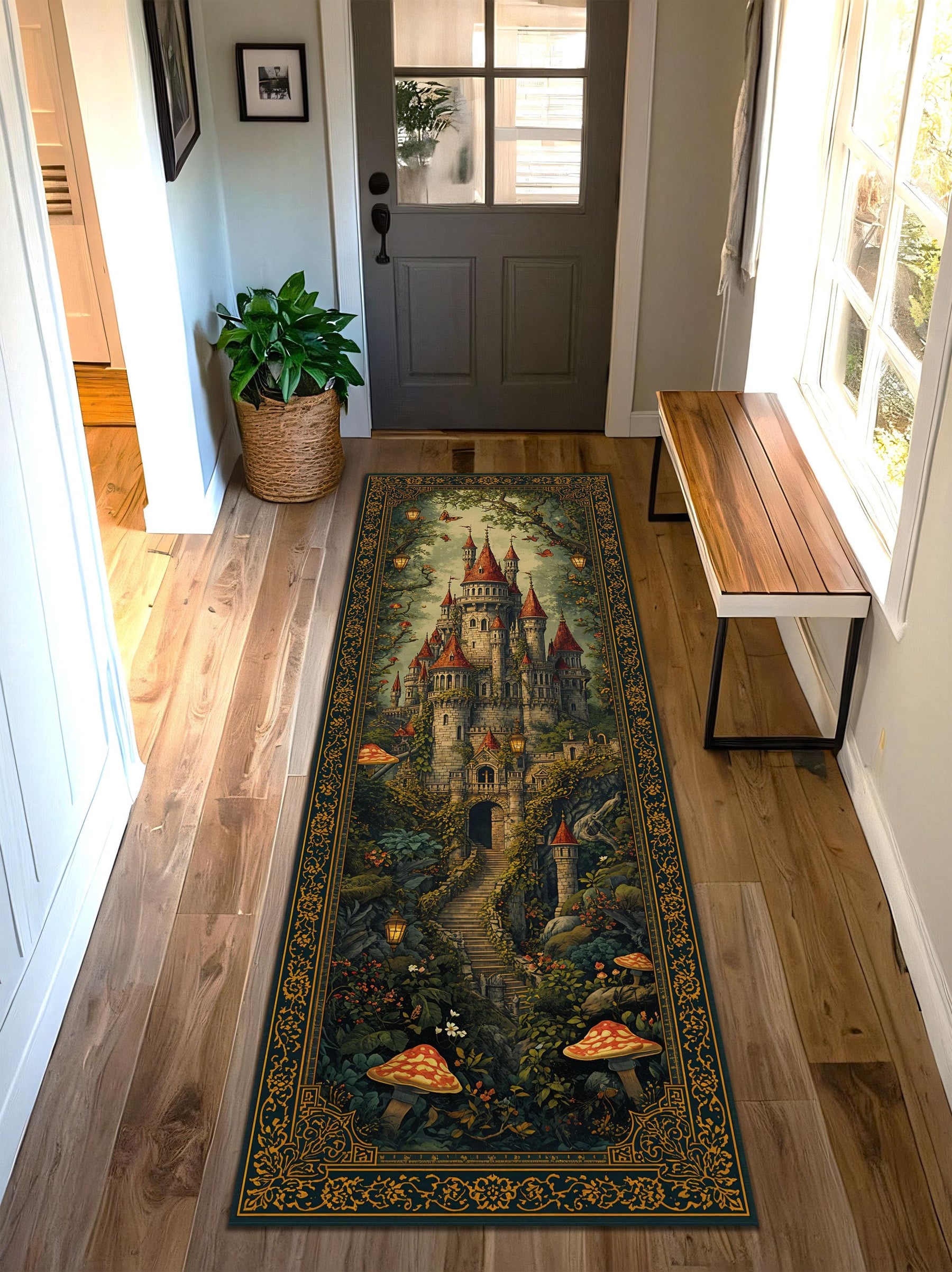 Fairytale Castle Runner Rug for Hallway, Medieval Castlecore Carpet, Enchanted Forest Toadstool Path, Vintage Cottagecore Storybook Decor