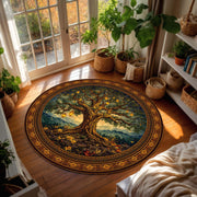 Enchanted Tree Round Rug, Medieval Fantasy Circle Carpet, Lantern Lit Forest Art, Boho Cottagecore Living Room Decor, Mystical Floor Mat