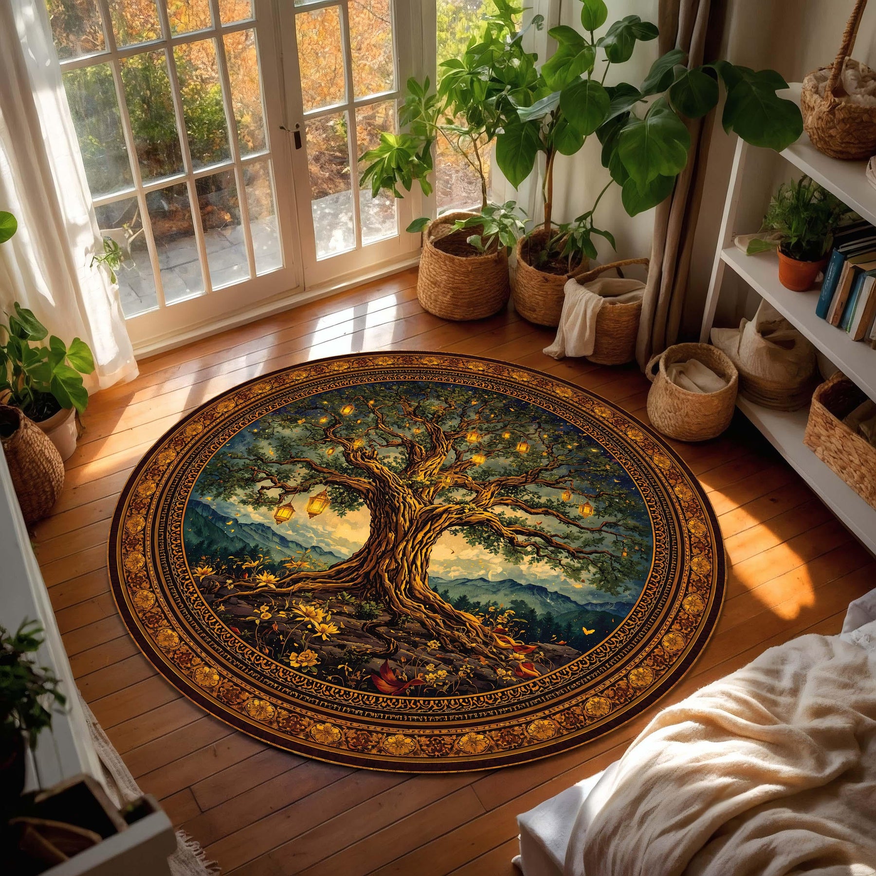 Enchanted Tree Round Rug, Medieval Fantasy Circle Carpet, Lantern Lit Forest Art, Boho Cottagecore Living Room Decor, Mystical Floor Mat