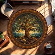 Enchanted Tree Round Rug, Medieval Fantasy Circle Carpet, Lantern Lit Forest Art, Boho Cottagecore Living Room Decor, Mystical Floor Mat