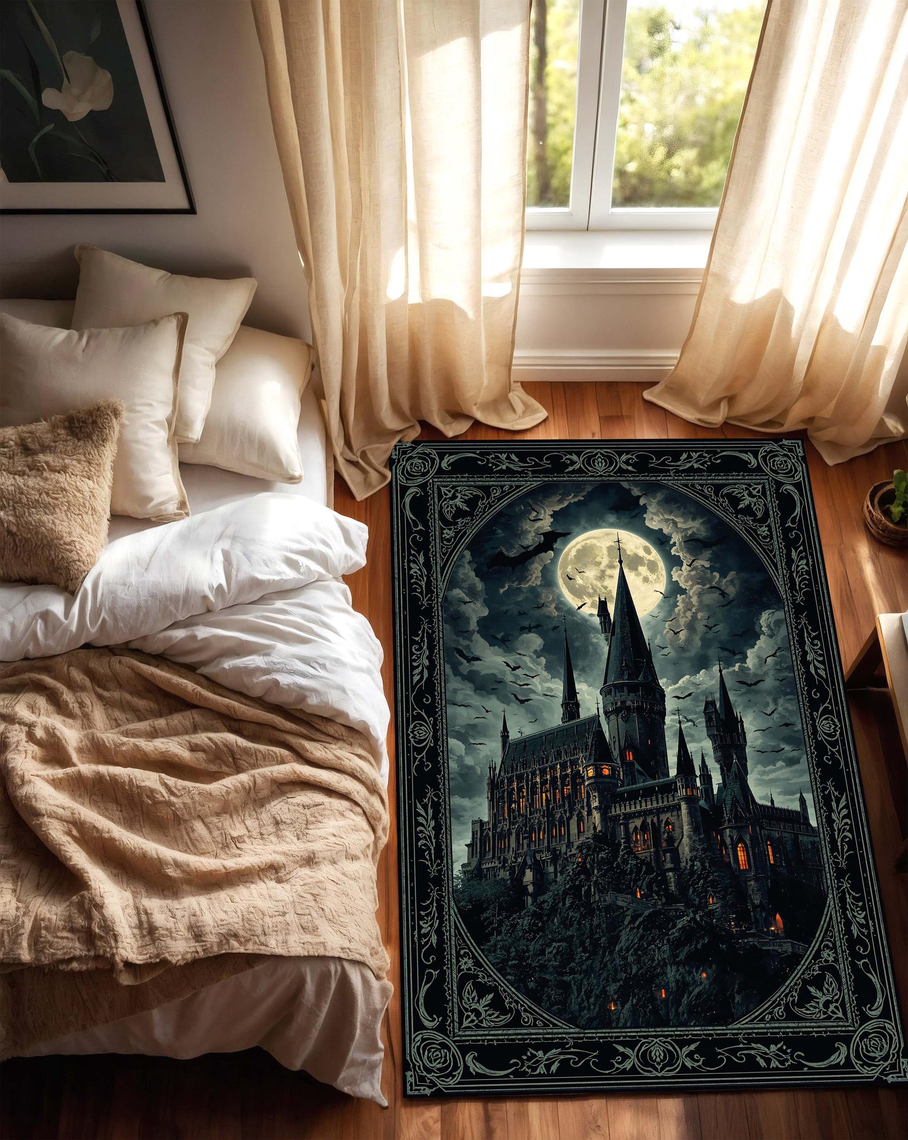 Gothic Castle Rug, Dark Fantasy Aesthetic Area Carpet, Spooky Medieval Decor for Living Room Bedroom, Witchy Halloween Home Gift