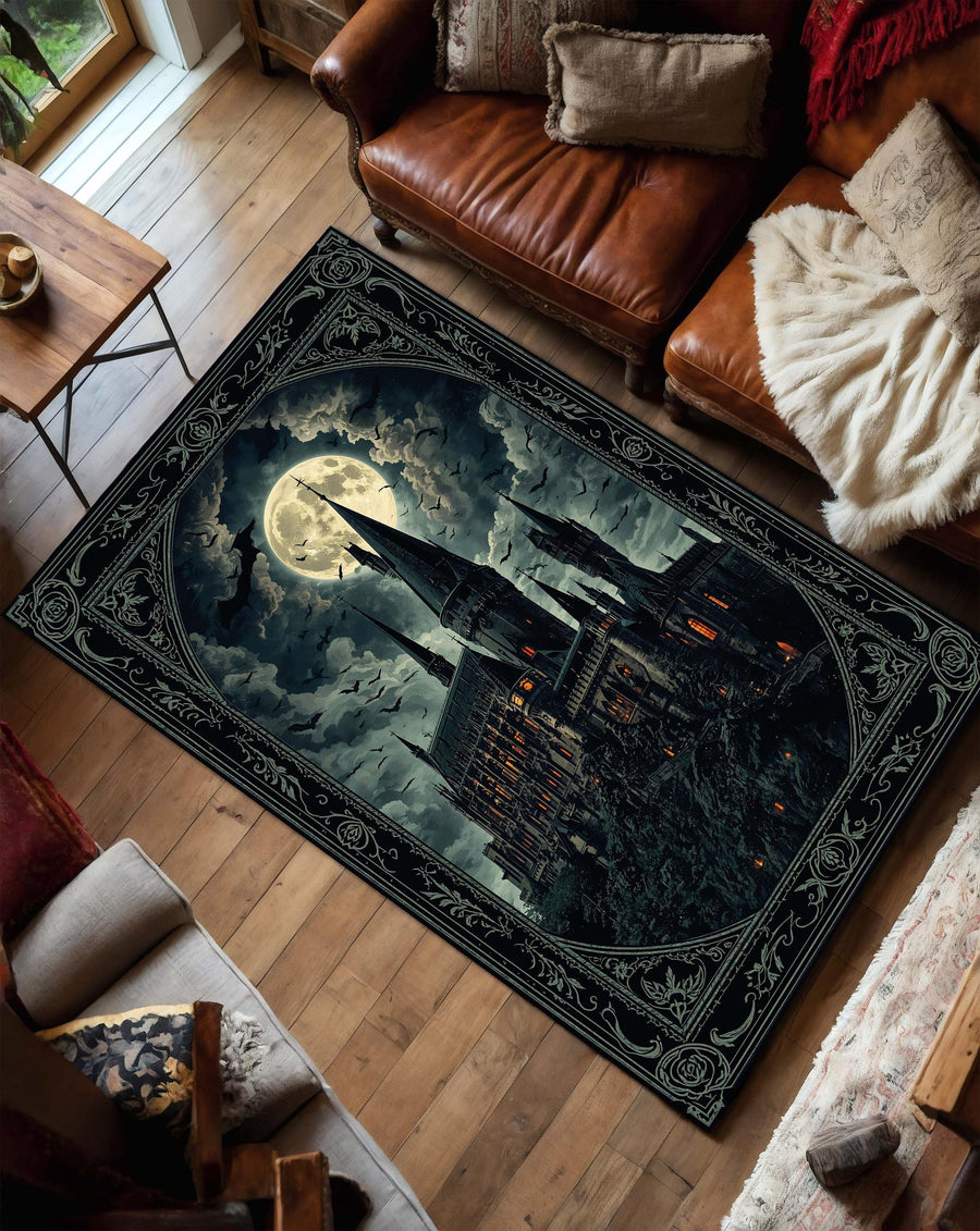 Gothic Castle Rug, Dark Fantasy Aesthetic Area Carpet, Spooky Medieval Decor for Living Room Bedroom, Witchy Halloween Home Gift