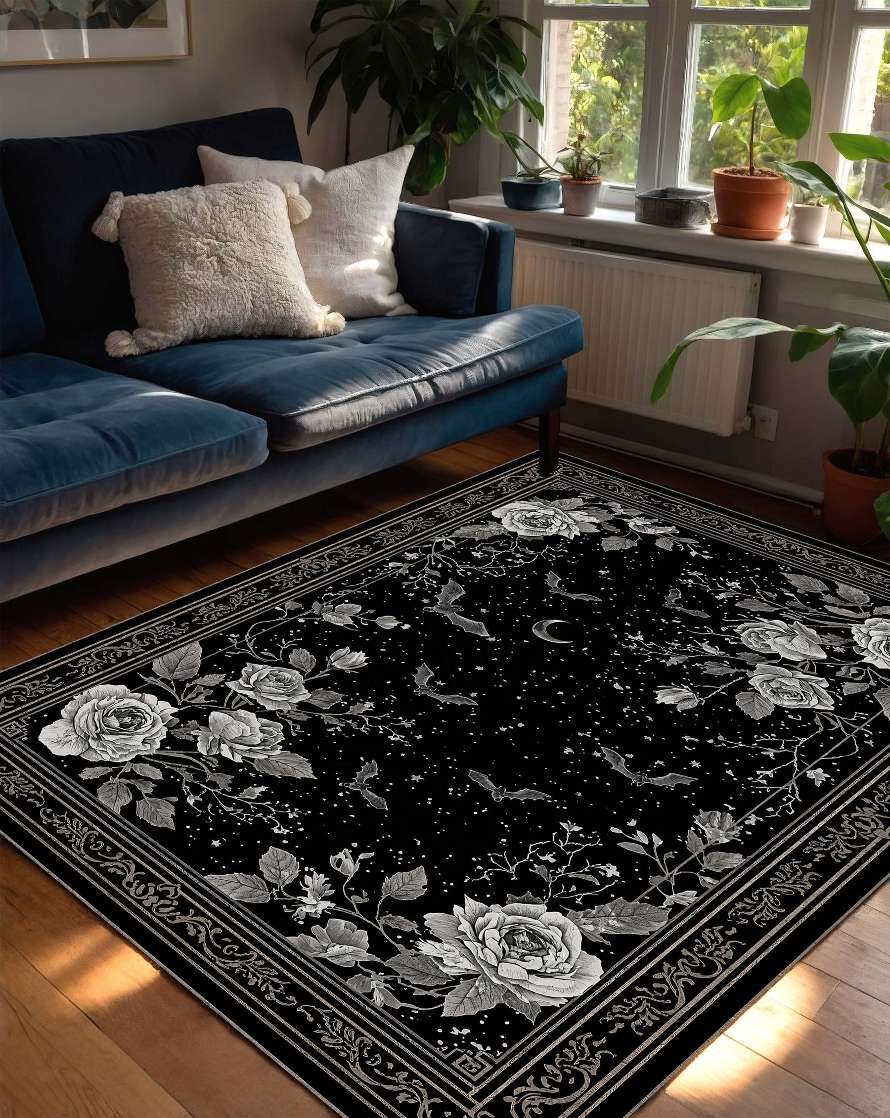 Gothic Black Rose Rug with Moon and Bats – Vintage Floral Area Rug for Living Room Bedroom, Dark Academia Aesthetic Home Decor Carpet