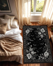 Gothic Black Rose Rug with Moon and Bats – Vintage Floral Area Rug for Living Room Bedroom, Dark Academia Aesthetic Home Decor Carpet