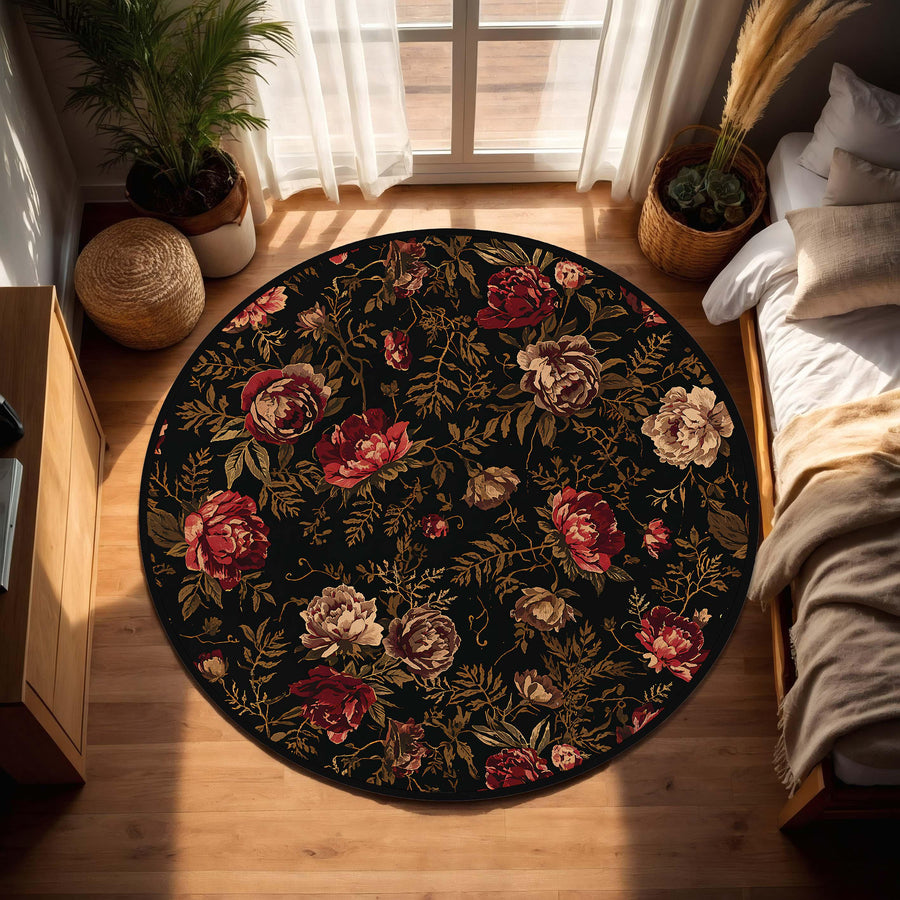 Vintage Floral Round Rug Black Peony Carpet for Living Room Bedroom – Dark Botanical Boho Cottagecore Aesthetic Area Mat Home Decor
