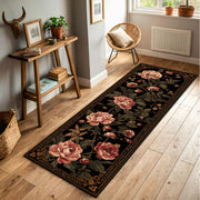 Vintage Floral Runner Rug Black Peony Hallway Carpet, Non Slip Washable Entryway Runner, Antique Rose Botanical Pattern, Kitchen Long Mat
