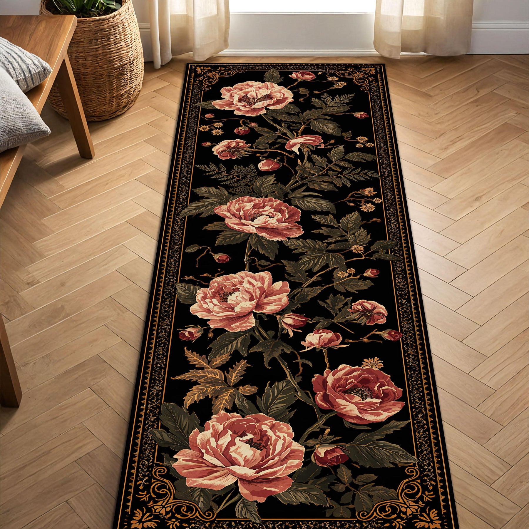 Vintage Floral Runner Rug Black Peony Hallway Carpet, Non Slip Washable Entryway Runner, Antique Rose Botanical Pattern, Kitchen Long Mat