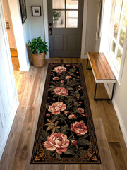 Vintage Floral Runner Rug Black Peony Hallway Carpet, Non Slip Washable Entryway Runner, Antique Rose Botanical Pattern, Kitchen Long Mat