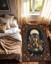 Vintage Gothic Violin Area Rug, Dark Academia Floral Roses & Crosses Carpet, Music Lover Home Decor, Victorian Baroque Floor Mat Indoor