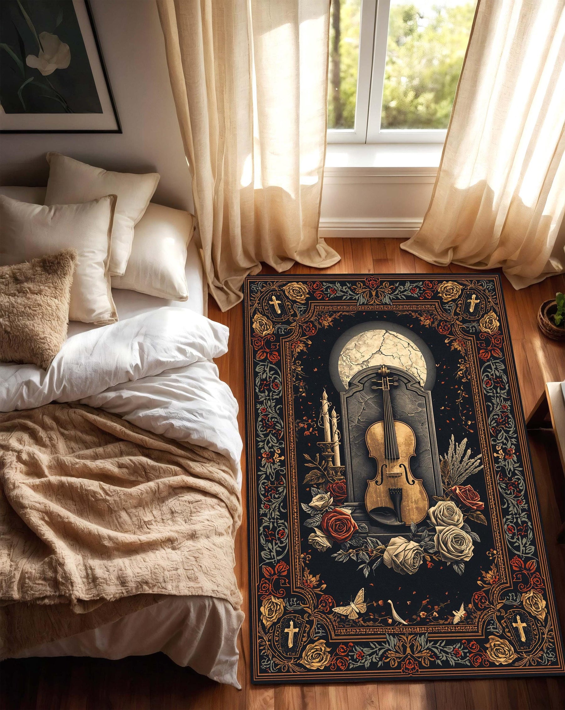 Vintage Gothic Violin Area Rug, Dark Academia Floral Roses & Crosses Carpet, Music Lover Home Decor, Victorian Baroque Floor Mat Indoor