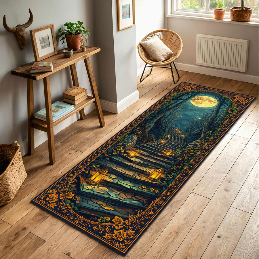 Moonlit Forest Stairway Runner Rug with Lanterns – Celestial Gothic Hallway Carpet, Fantasy Boho Entryway Non Slip Washable Floor Decor