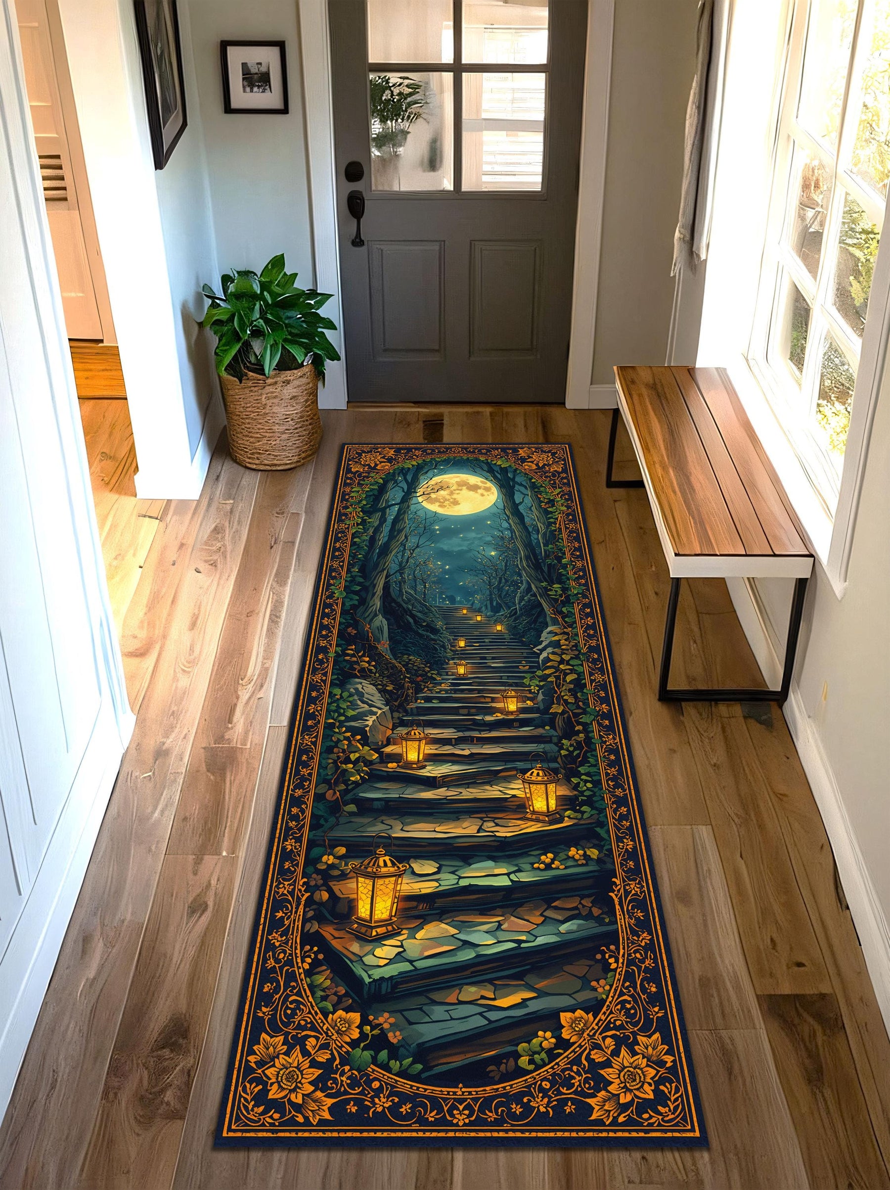 Moonlit Forest Stairway Runner Rug with Lanterns – Celestial Gothic Hallway Carpet, Fantasy Boho Entryway Non Slip Washable Floor Decor