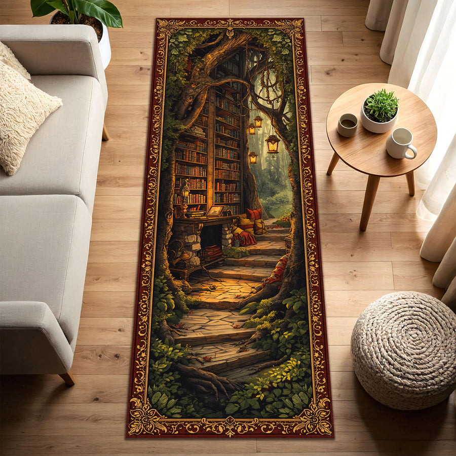 Enchanted Forest Library Runner Rug, Vintage Book Nook Hallway Carpet, Cozy Reading Path Art, Non Slip Washable Floor Decor for Entryway