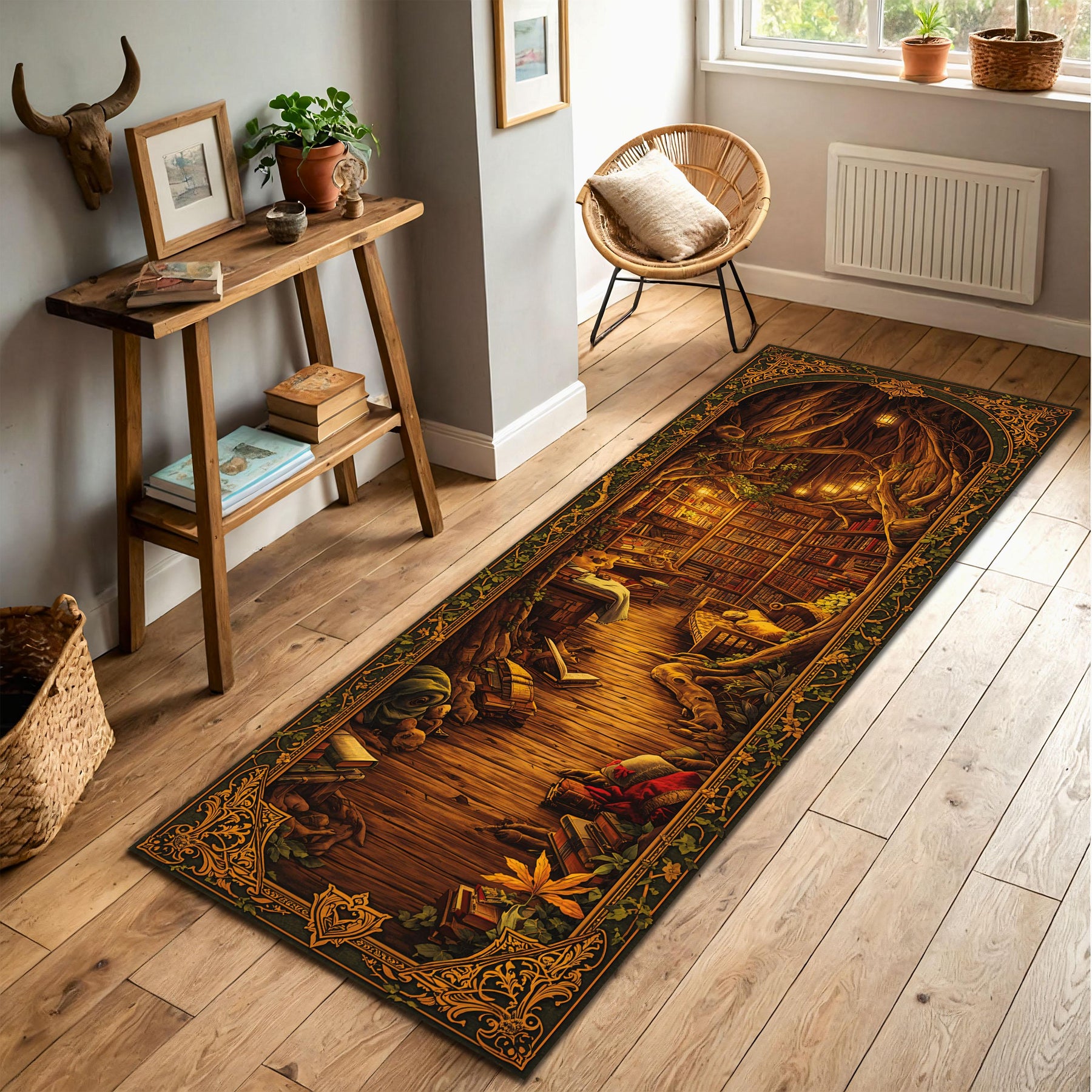 Enchanted Library Runner Rug for Hallway – Fantasy Tree Arch Book Nook Carpet, Cozy Cottagecore Bookish Decor, Vintage Boho Aesthetic