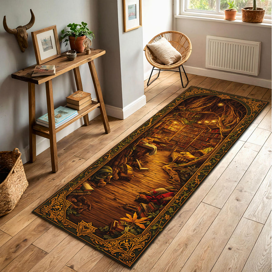 Enchanted Library Runner Rug for Hallway – Fantasy Tree Arch Book Nook Carpet, Cozy Cottagecore Bookish Decor, Vintage Boho Aesthetic