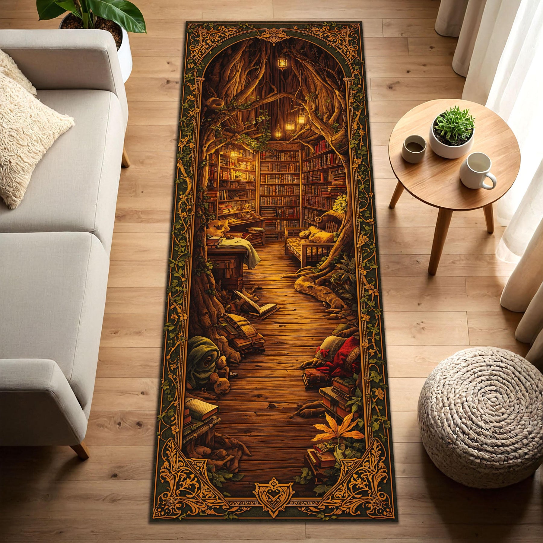 Enchanted Library Runner Rug for Hallway – Fantasy Tree Arch Book Nook Carpet, Cozy Cottagecore Bookish Decor, Vintage Boho Aesthetic