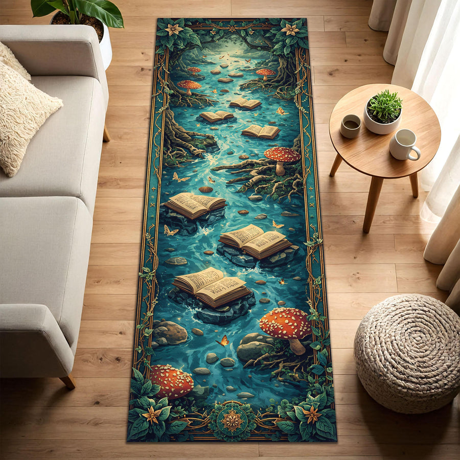 Enchanted Forest Runner Rug - Whimsical Cottagecore Book River Design, Teal Blue Hallway Carpet, Boho Mushroom Aesthetic Floor Decor