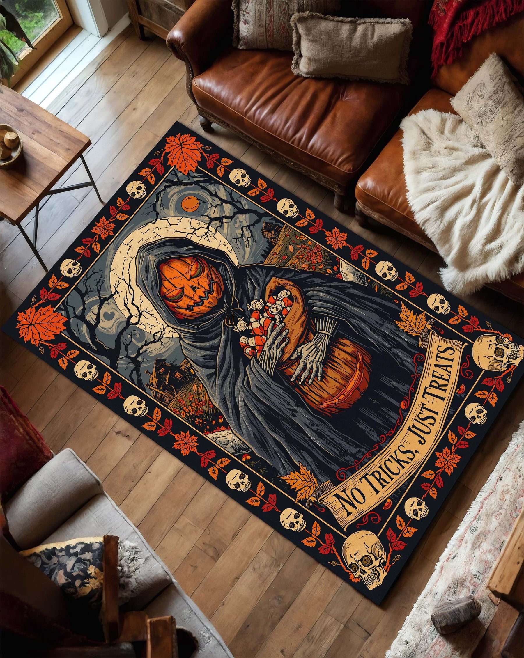 Halloween Pumpkin Reaper Area Rug for Living Room, Gothic Skull Fall Decor Carpet, Vintage Witchy Floor Mat, No Tricks Just Treats Design